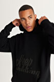 Erkek Siyah Oversize Fit Bol Kesim Kapüşonlu Içi Polarlı 3 Iplik Baskılı Sweatshirt