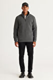 Erkek Antrasit-melanj Standart Fit Normal Kesim Içi Polarlı Bato Yaka Pamuklu Sweatshirt
