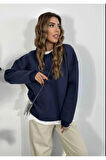 Omzu Dikiş Detaylı Üç İplik Şardonlu Uzun Oversize Sweatshirt