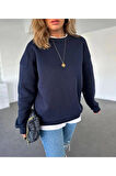 Omzu Dikiş Detaylı Üç İplik Şardonlu Uzun Oversize Sweatshirt