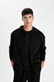 DeFacto Siyah Comfort Regular Fit Rahat Kalıp Kapüşonlu Kalın İçi Yumuşak Tüylü Fermuarlı Sweatshirt D2323AX24AUBK81