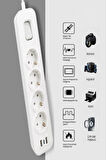 Akım Korumalı Grup Priz 4 lü Priz + 2 USB + 1 Type-C, Anahtarlı, 1.5 Metre, Çocuk Korumalı