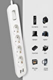 Akım Korumalı Grup Priz 4 lü Priz + 2 USB + 1 Type-C, Anahtarlı, 1.5 Metre, Çocuk Korumalı