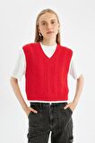 DeFacto Coool Slim Fit Dar Kesim Basic Düz V Yaka Kırmızı Triko Süveter D4680AX24AURD56