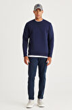 Erkek Lacivert Standart Fit Normal Kesim Içi Polarlı 3 Iplik Bisiklet Yaka Pamuklu Sweatshirt