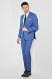 Erkek Mavi Slim Fit Dar Kesim Mono Yaka Desenli Mavi Klasik Takım Elbise