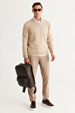 Erkek Bej Standart Fit Normal Kesim V Yaka Triko Kazak