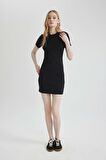 DeFacto Bodycon Fitilli Kaşkorse Kısa Kollu Mini Elbise C1503AX24SPBK81