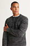 Erkek Siyah-Gri Recycle Standart Fit Normal Kesim Bisiklet Yaka Pirinç Örgü Desenli Triko