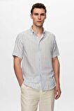 Slim Fit Mavi Gofre Çizgili Kısa Kollu Yazlık Gömlek 8HC02ORT04265