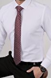 Gömlek Kravat Seti ( sunda Bordo Kare Desenli Kravat & Beyaz Armür Desenli Slimfit Gömlek)