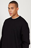 Erkek Siyah Oversize Bol Kesim 3 Iplik Bisiklet Yaka Pamuklu Sweatshirt