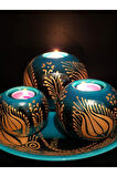 Dekoratif Seramik Mumluk 3'lü Ve Tabakllı Set Turkuaz Gold