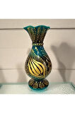 Turkuaz Çini 25 cm Marul Altın Yaldızlı Desenli Vazo