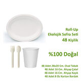 Ekolojik 48 Kişilik Parti Piknik Sofra Sunum Seti - 28x20 Cm. Oval Tabak Bardak Çatal Kaşık Takımı