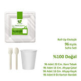 Ekolojik Kare 20 Cm. 96 Kişilik Parti Piknik Sofra Sunum Seti - Tabak Bardak Çatal Kaşık Takımı