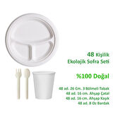 Ekolojik 26 Cm. 3 Bölmeli 48 Kişilik Parti Piknik Sofra Sunum Seti -Tabak Bardak Çatal Kaşık Takımı