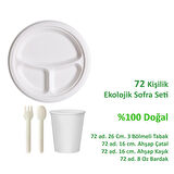 Ekolojik 26 Cm. 3 Bölmeli 72 Kişilik Parti Piknik Sofra Sunum Seti -Tabak Bardak Çatal Kaşık Takımı
