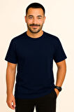 Erkek Lacivert %100 Pamuk Regular Kesim Sıfır Yaka Basic Tişört - Premium