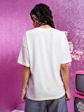 Unisex Pamuklu Beyaz Oversize "Çizgi Filim" Baskılı Bisiklet Yaka Rahat Günlük T-shirt