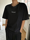 Unisex Pamuklu Siyah Oversize "Classical" Baskılı Bisiklet Yaka Rahat Günlük T-shirt
