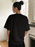 Unisex Pamuklu Siyah Oversize "Classical" Baskılı Bisiklet Yaka Rahat Günlük T-shirt