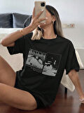 Unisex Siyah Oversize Tişört "Vacation" Baskılı Bisiklet Yaka Rahat Günlük T-shirt