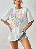 Unisex Pamuklu Beyaz Oversize "Çiçek" Baskılı Bisiklet Yaka Rahat Günlük T-shirt