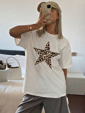 Unisex Pamuklu Beyaz Oversize "Yıldız" Baskılı Bisiklet Yaka Rahat Günlük T-shirt