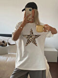 Unisex Pamuklu Beyaz Oversize "Yıldız" Baskılı Bisiklet Yaka Rahat Günlük T-shirt