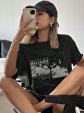 Unisex Siyah Oversize Tişört "Vacation" Baskılı Bisiklet Yaka Rahat Günlük T-shirt