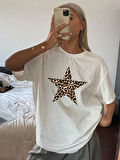 Unisex Pamuklu Beyaz Oversize "Yıldız" Baskılı Bisiklet Yaka Rahat Günlük T-shirt