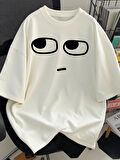 Unisex Pamuklu Beyaz Oversize "Yüz" Baskılı Bisiklet Yaka Rahat Günlük T-shirt