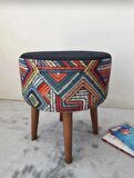 Retro Gürgen Ahşap Ayaklı Dekoratif Etnik Üst siyah Desenli Silindir Puf Bench Koltuk