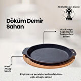 15*24 cm Döküm Demir Oval Fajita, Pişirme ve Servis Tabağı, Emaye Kaplı