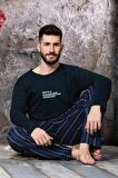 Lukitus Uzun Kollu Sıfır Yaka Baskılı Erkek Pijama Takımı