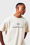 Unisex Bej Barcelona Baskılı Oversize Tshirt