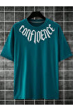 Erkek Petrol Mavi Yaka Baskılı Oversize T-shirt
