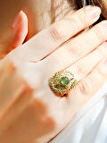 Doğal Taş Yeşil Akik Doğal Taşlı Telkari Modelli Kadın Ayarlanabilir Altın Kaplama Yüzük euy65yag
