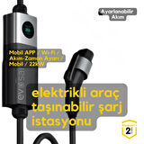 Evoşarj EvoMobil Elektrikli Otomobil Araç Taşınabilir Şarj İstasyonu 22kW/32A/6mt/Wifi/Akım Ayarlı/Akıllı