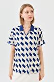 Kadın Polo Yaka Kare Desenli T-shirt Lacivert