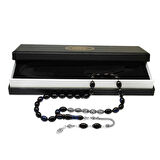 925 Ayar Gümüş Püsküllü Arpa Kesim Gümüş İsim Yazılı Mavi-Siyah Sıkma Kehribar Tesbih