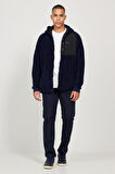 Erkek Lacivert Oversize Bol Kesim Kapüşonlu Sherpa Polar Sweatshirt Ceket