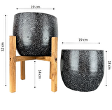 Ev Dekorasyon Aksesuar Siyah Granit Toprak Saksı Saksılık Salon Çiçeklik İkili Set Ayaksız - 4 Ayaklı- 19 CM