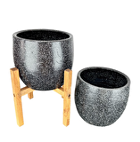 Ev Dekorasyon Aksesuar Siyah Granit Toprak Saksı Saksılık Salon Çiçeklik İkili Set Ayaksız - 4 Ayaklı- 19 CM
