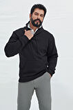 Erkek Siyah Standart Fit Normal Kesim Içi Polarlı 3 Iplik Kapüşonlu Pamuklu Sweatshirt