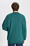 Erkek Koyu Yeşil Oversize Bol Kesim 3 Iplik Bisiklet Yaka Pamuklu Sweatshirt