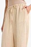 Wide Leg Çift Cepli Beli Lastikli Standart Boy Keten Karışımlı Pantolon