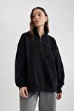 DeFacto Oversize Yarım Fermuarlı Baskılı Soluk Yıkama Efektli Kalın Sweatshirt C2014AX24SPBK81