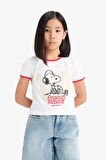 Kız Çocuk Snoopy Crop Bisiklet Yaka Kaşkorse Kısa Kollu Tişört